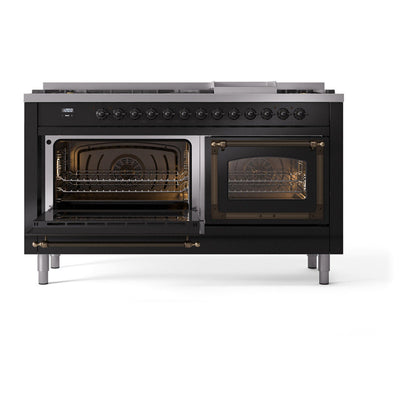 ILVE Nostalgie II Noblesse 60" Glossy Black Dual Fuel Range with 9 Burners and Griddle Triple Glass Door Natural Gas