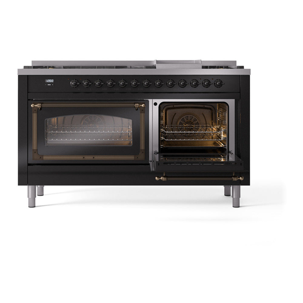 ILVE Nostalgie II Noblesse 60" Glossy Black Dual Fuel Range with 9 Burners and Griddle Triple Glass Door Natural Gas