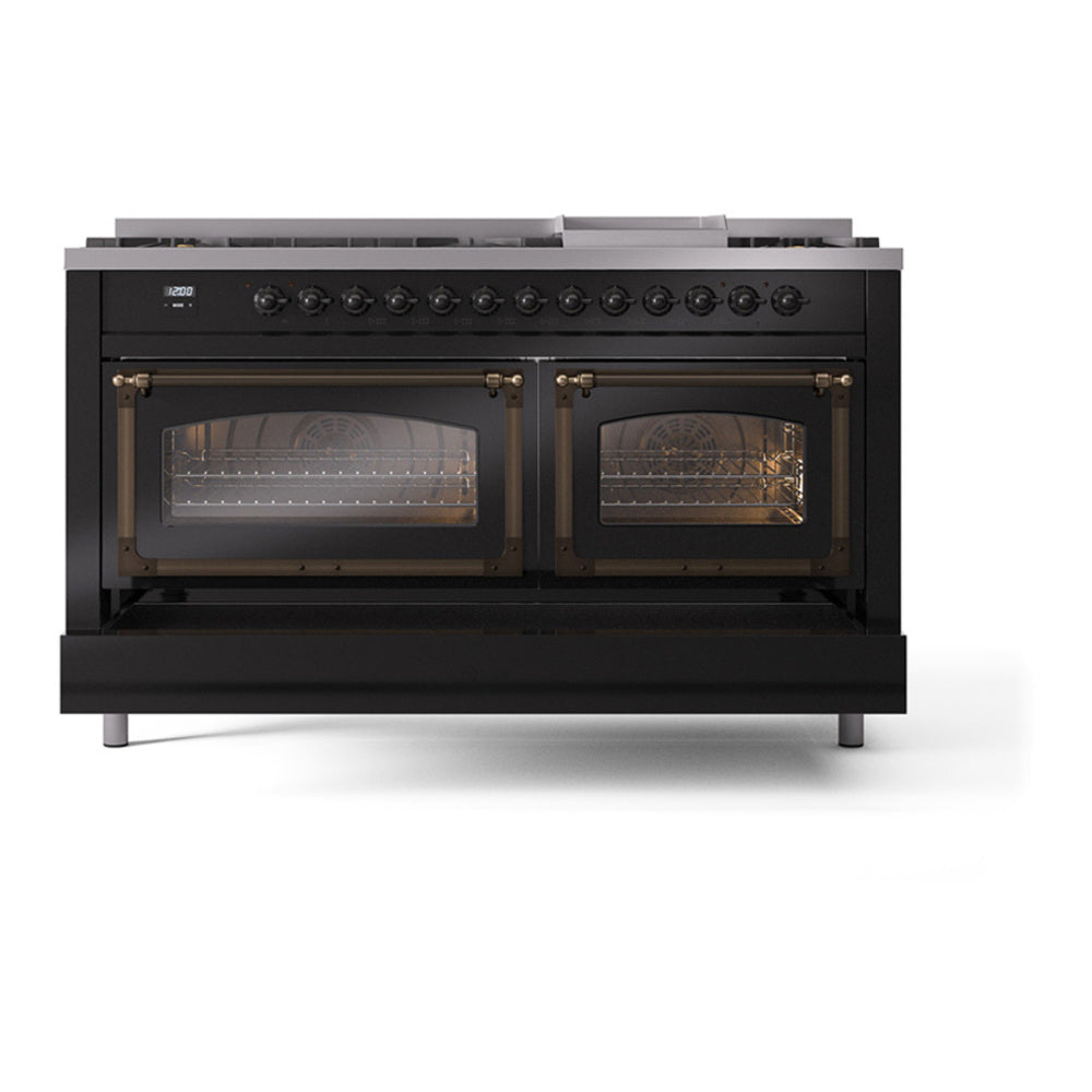 ILVE Nostalgie II Noblesse 60" Glossy Black Dual Fuel Range with 9 Burners and Griddle Triple Glass Door Natural Gas
