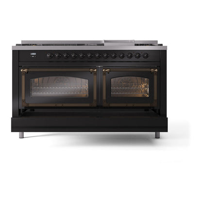 ILVE Nostalgie II Noblesse 60" Glossy Black Dual Fuel Range with 9 Burners and Griddle Triple Glass Door Natural Gas