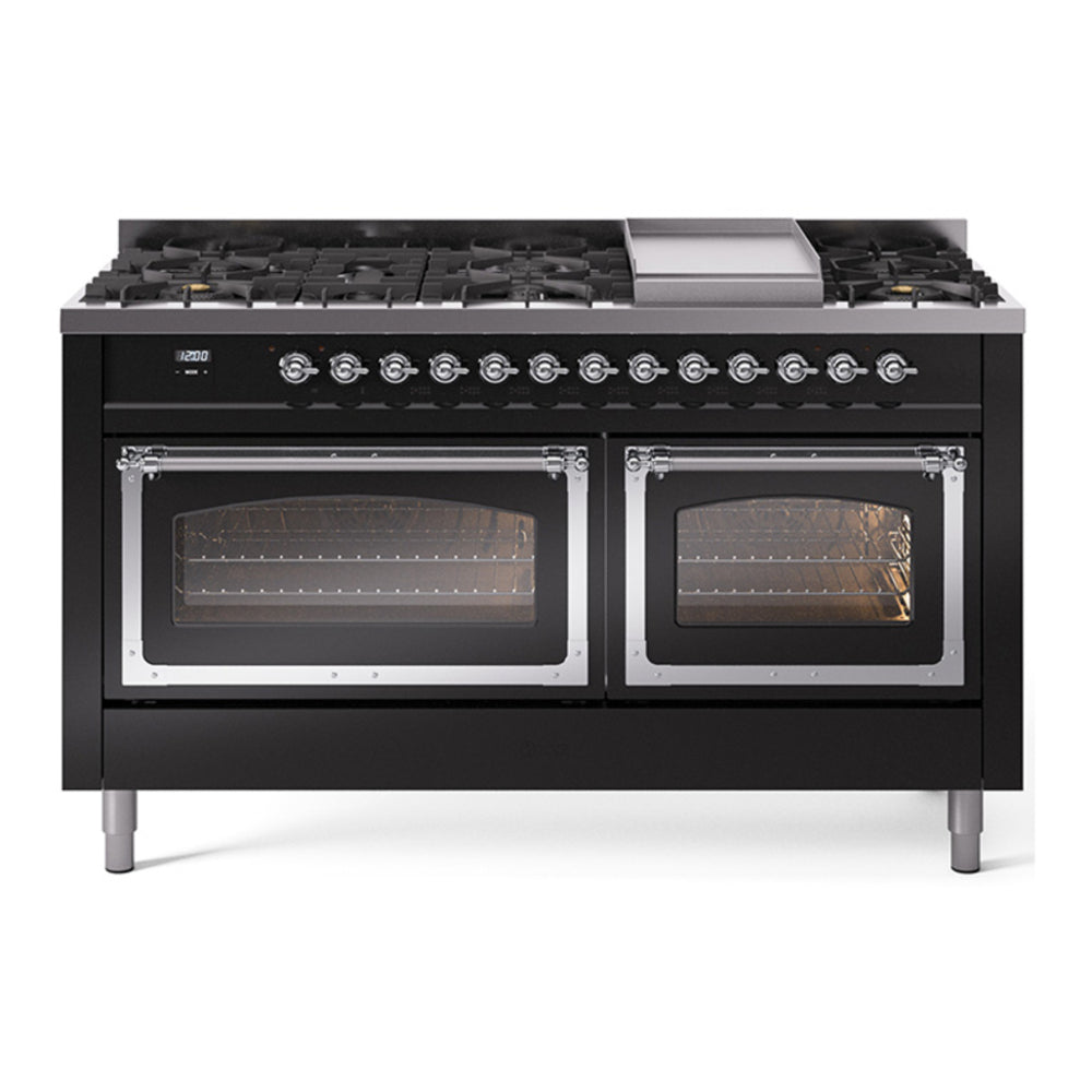 ILVE Nostalgie II Noblesse 60" Glossy Black Dual Fuel Range with 9 Burners and Griddle Triple Glass Door Natural Gas