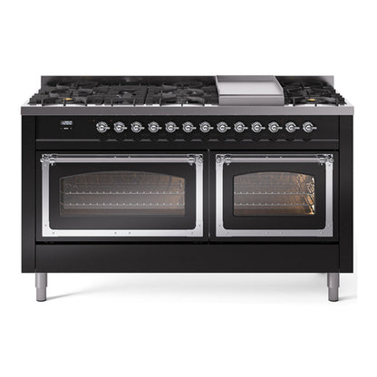 ILVE Nostalgie II Noblesse 60" Glossy Black Dual Fuel Range with 9 Burners and Griddle Triple Glass Door Natural Gas