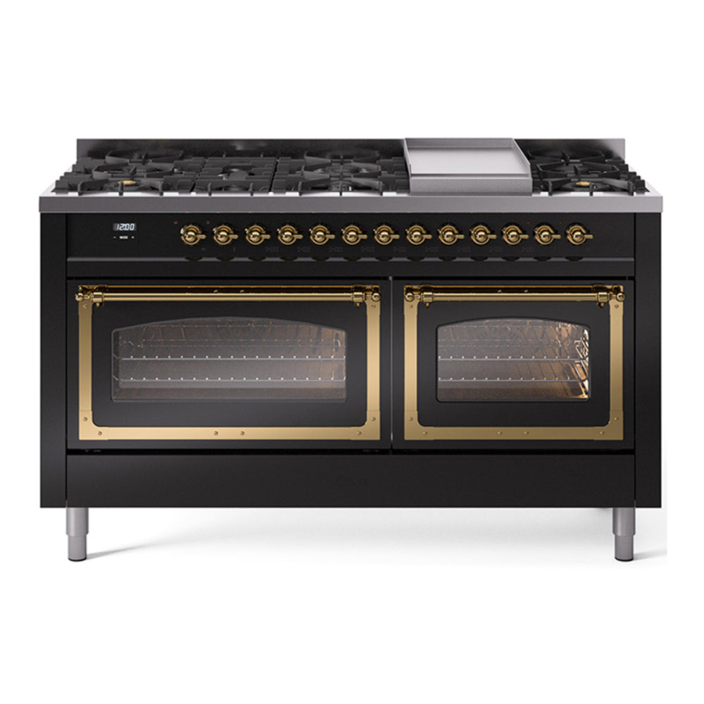 ILVE Nostalgie II Noblesse 60" Glossy Black Dual Fuel Range with 9 Burners and Griddle Triple Glass Door Natural Gas