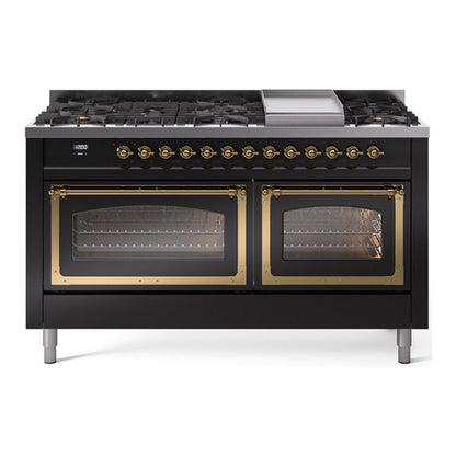 ILVE Nostalgie II Noblesse 60" Glossy Black Dual Fuel Range with 9 Burners and Griddle Triple Glass Door Natural Gas