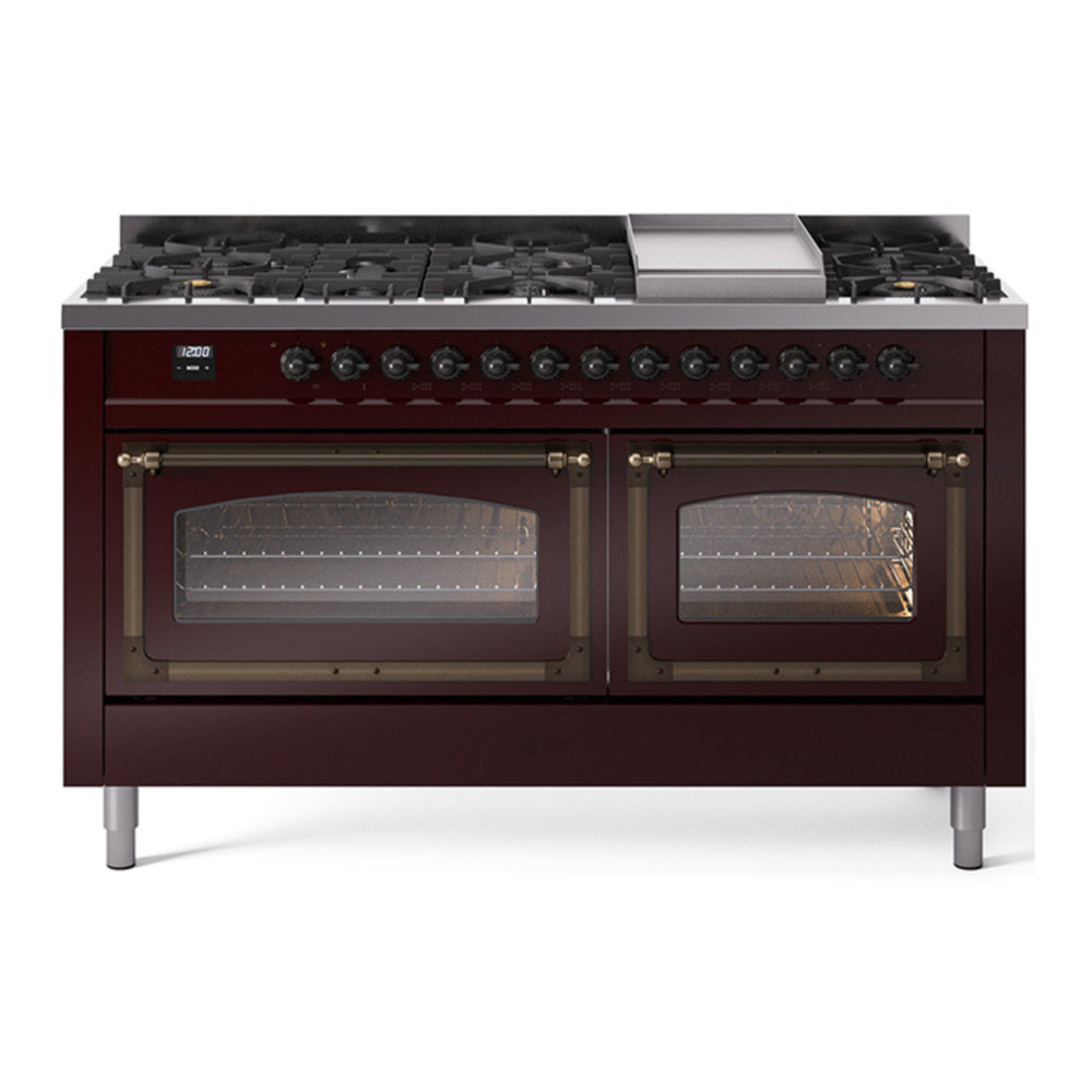 ILVE Nostalgie II Noblesse 60" Burgundy Dual Fuel Range with 9 Burners and Griddle Triple Glass Door Natural Gas