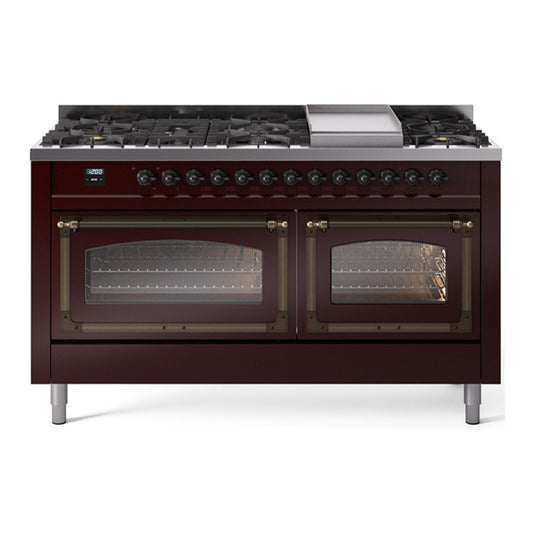 ILVE Nostalgie II Noblesse 60" Burgundy Dual Fuel Range with 9 Burners and Griddle Triple Glass Door Natural Gas