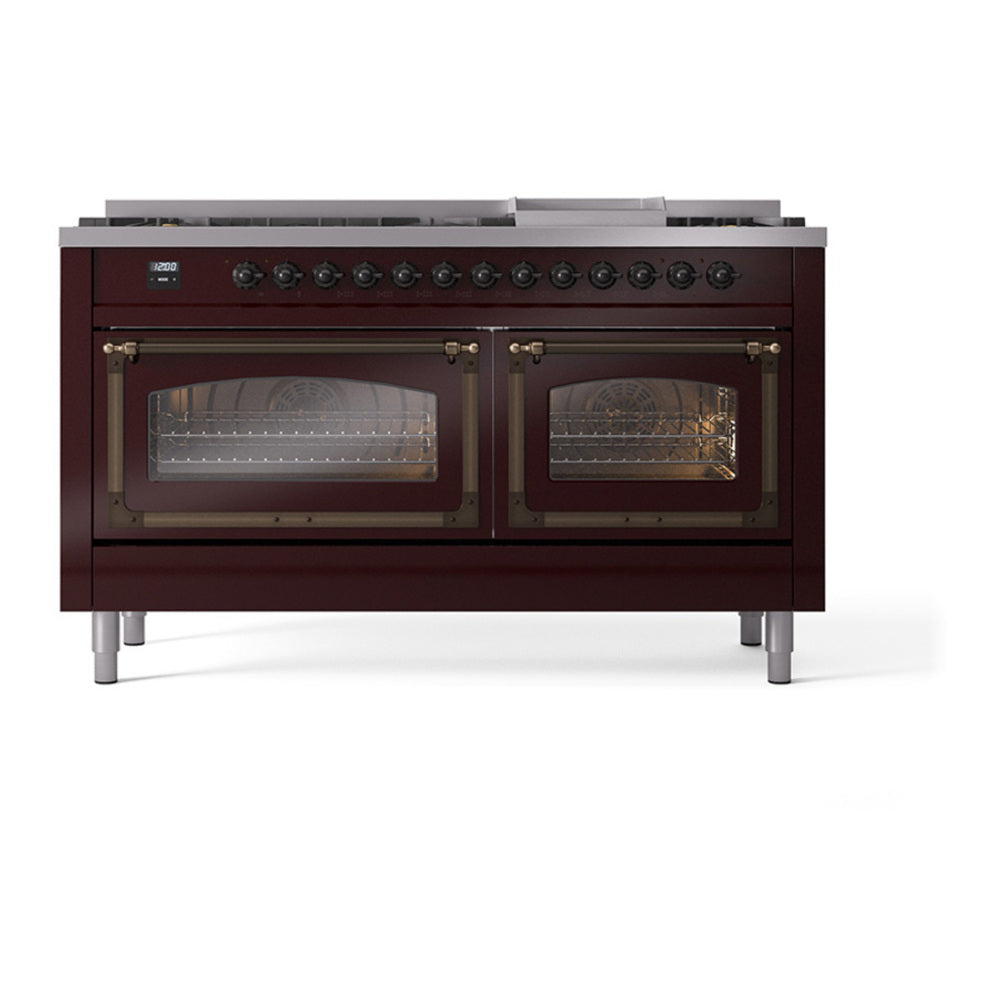 ILVE Nostalgie II Noblesse 60" Burgundy Dual Fuel Range with 9 Burners and Griddle Triple Glass Door Natural Gas