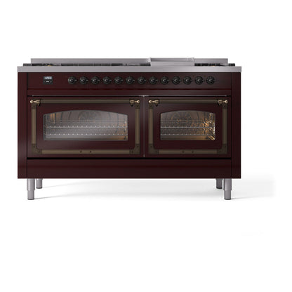 ILVE Nostalgie II Noblesse 60" Burgundy Dual Fuel Range with 9 Burners and Griddle Triple Glass Door Natural Gas