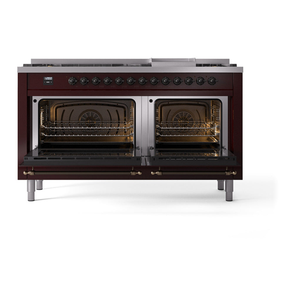 ILVE Nostalgie II Noblesse 60" Burgundy Dual Fuel Range with 9 Burners and Griddle Triple Glass Door Natural Gas