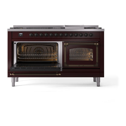 ILVE Nostalgie II Noblesse 60" Burgundy Dual Fuel Range with 9 Burners and Griddle Triple Glass Door Natural Gas