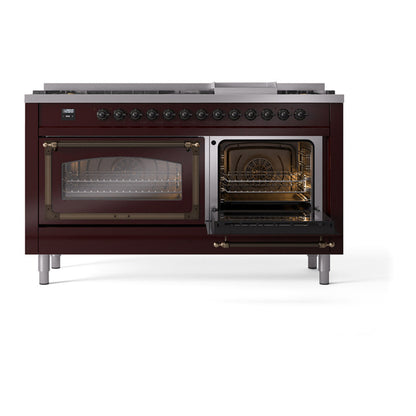 ILVE Nostalgie II Noblesse 60" Burgundy Dual Fuel Range with 9 Burners and Griddle Triple Glass Door Natural Gas