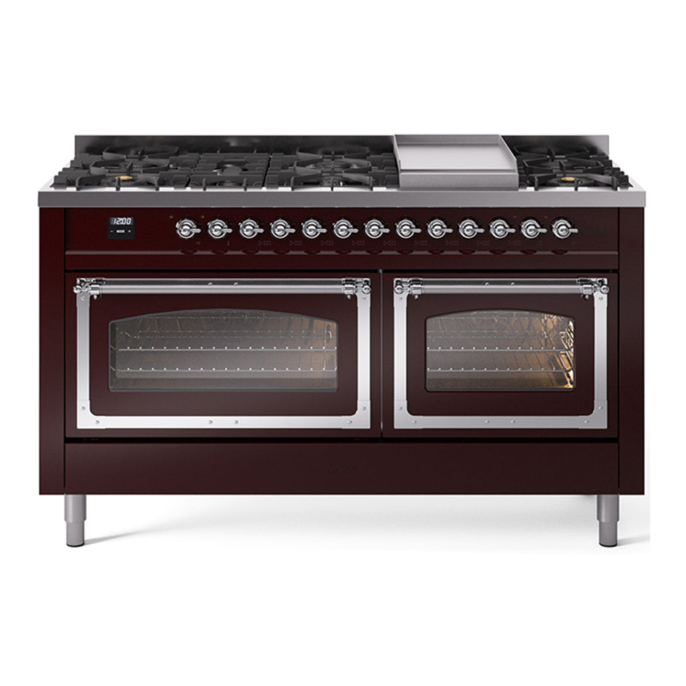 ILVE Nostalgie II Noblesse 60" Burgundy Dual Fuel Range with 9 Burners and Griddle Triple Glass Door Natural Gas