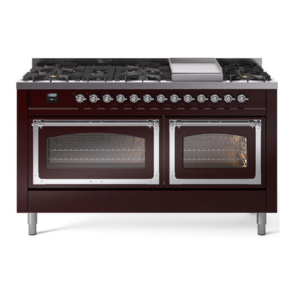 ILVE Nostalgie II Noblesse 60" Burgundy Dual Fuel Range with 9 Burners and Griddle Triple Glass Door Natural Gas