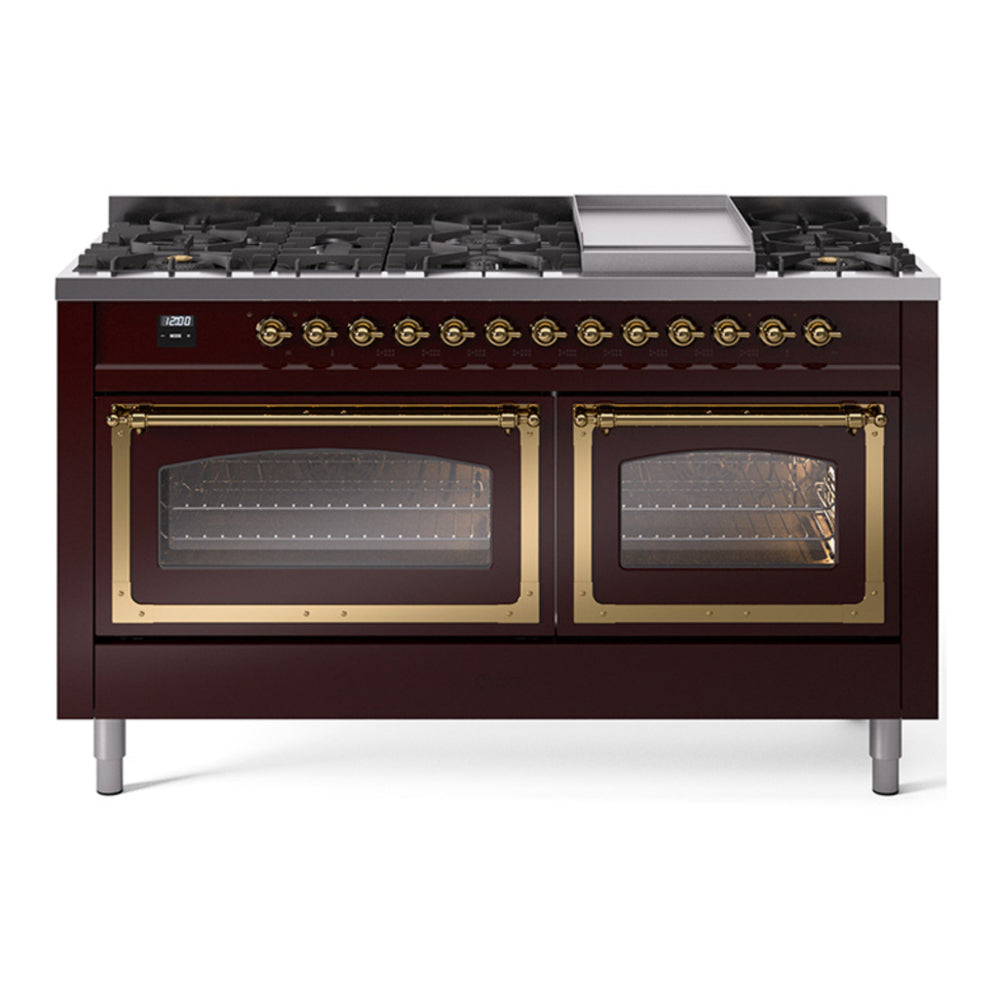 ILVE Nostalgie II Noblesse 60" Burgundy Dual Fuel Range with 9 Burners and Griddle Triple Glass Door Natural Gas