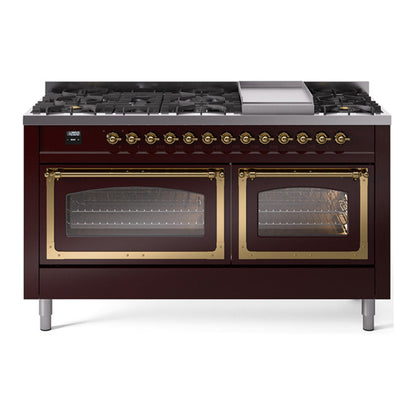 ILVE Nostalgie II Noblesse 60" Burgundy Dual Fuel Range with 9 Burners and Griddle Triple Glass Door Natural Gas