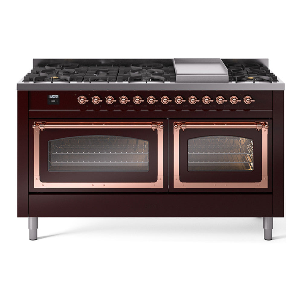 ILVE Nostalgie II Noblesse 60" Burgundy Dual Fuel Range with 9 Burners and Griddle Triple Glass Door Natural Gas