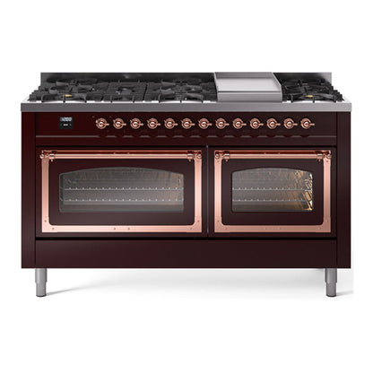 ILVE Nostalgie II Noblesse 60" Burgundy Dual Fuel Range with 9 Burners and Griddle Triple Glass Door Natural Gas