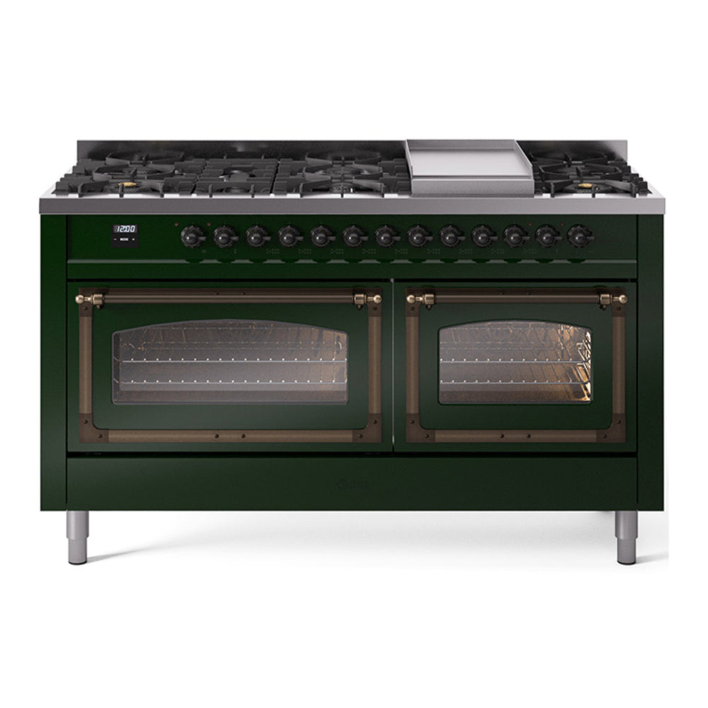 ILVE Nostalgie II Noblesse 60" Emerald Green Dual Fuel Range with 9 Burners and Griddle Triple Glass Door Natural Gas
