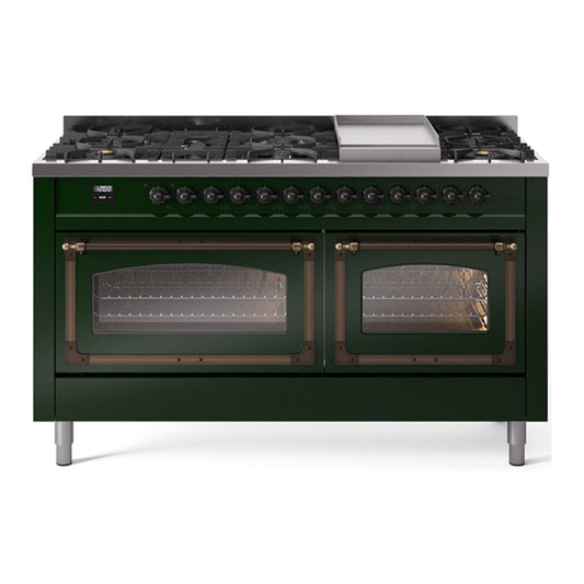 ILVE Nostalgie II Noblesse 60" Emerald Green Dual Fuel Range with 9 Burners and Griddle Triple Glass Door Natural Gas