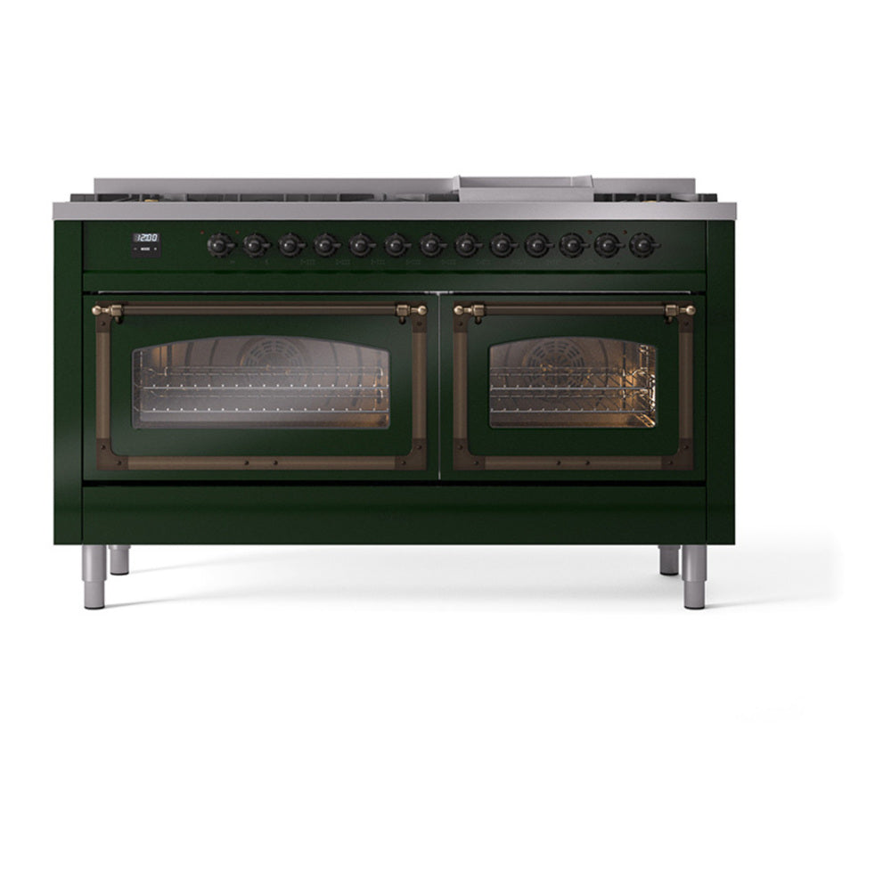 ILVE Nostalgie II Noblesse 60" Emerald Green Dual Fuel Range with 9 Burners and Griddle Triple Glass Door Natural Gas