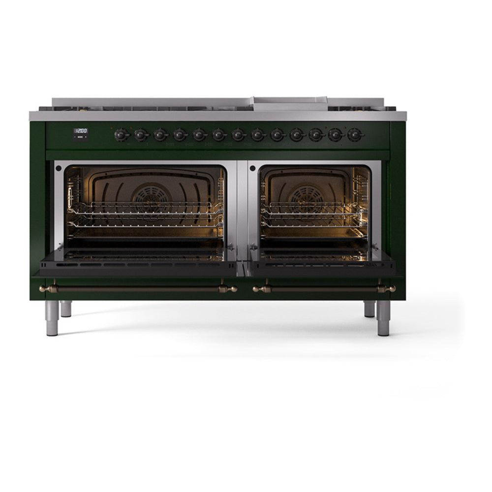 ILVE Nostalgie II Noblesse 60" Emerald Green Dual Fuel Range with 9 Burners and Griddle Triple Glass Door Natural Gas