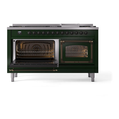 ILVE Nostalgie II Noblesse 60" Emerald Green Dual Fuel Range with 9 Burners and Griddle Triple Glass Door Natural Gas
