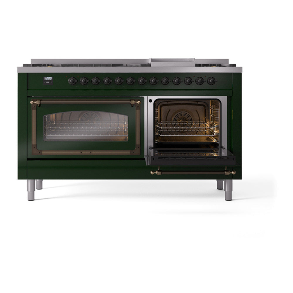 ILVE Nostalgie II Noblesse 60" Emerald Green Dual Fuel Range with 9 Burners and Griddle Triple Glass Door Natural Gas
