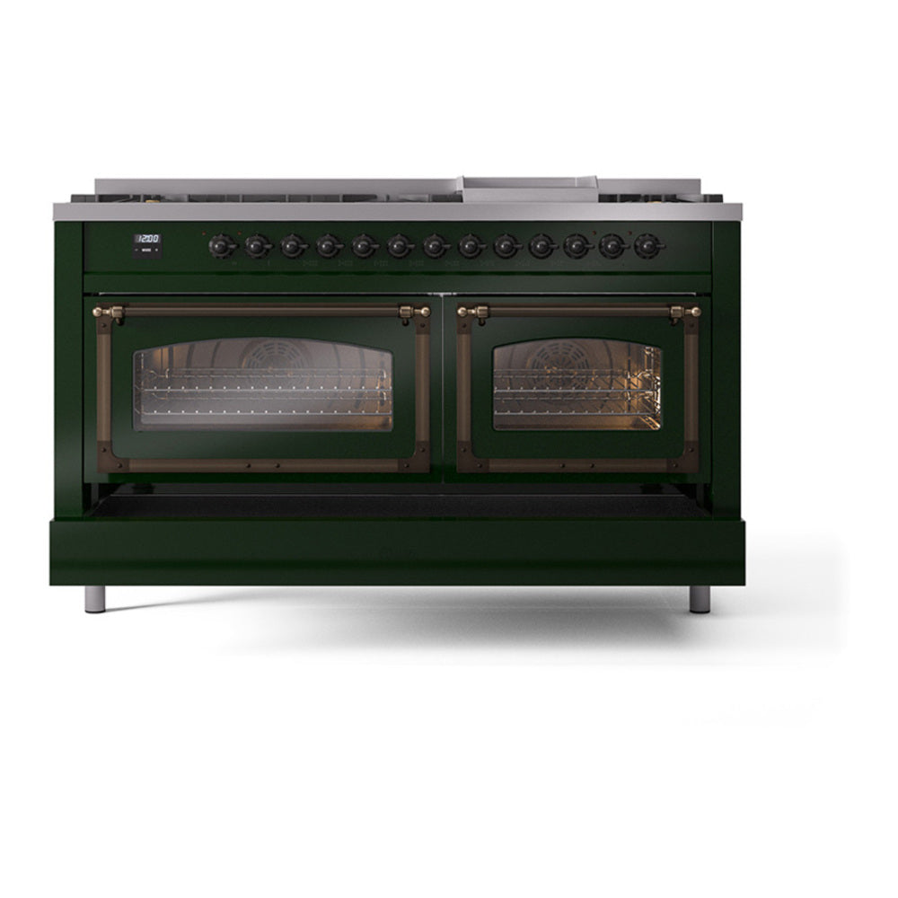 ILVE Nostalgie II Noblesse 60" Emerald Green Dual Fuel Range with 9 Burners and Griddle Triple Glass Door Natural Gas
