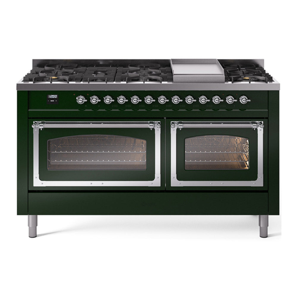 ILVE Nostalgie II Noblesse 60" Emerald Green Dual Fuel Range with 9 Burners and Griddle Triple Glass Door Natural Gas