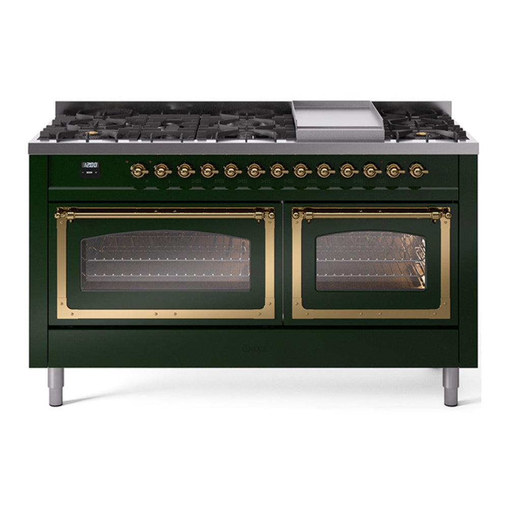 ILVE Nostalgie II Noblesse 60" Emerald Green Dual Fuel Range with 9 Burners and Griddle Triple Glass Door Natural Gas