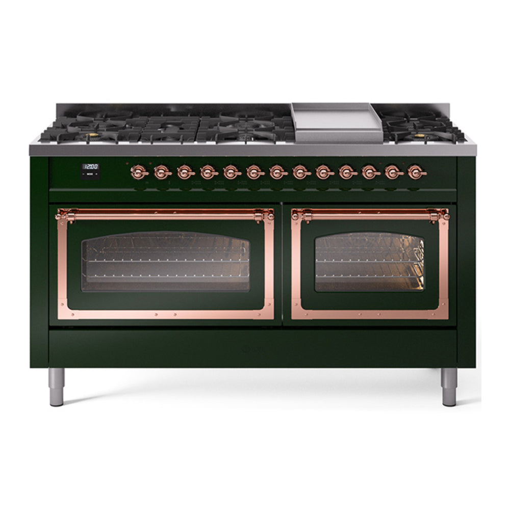 ILVE Nostalgie II Noblesse 60" Emerald Green Dual Fuel Range with 9 Burners and Griddle Triple Glass Door Natural Gas