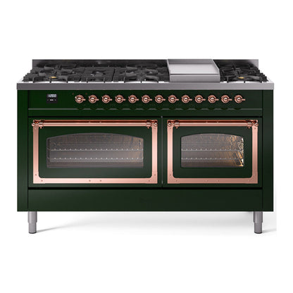 ILVE Nostalgie II Noblesse 60" Emerald Green Dual Fuel Range with 9 Burners and Griddle Triple Glass Door Natural Gas
