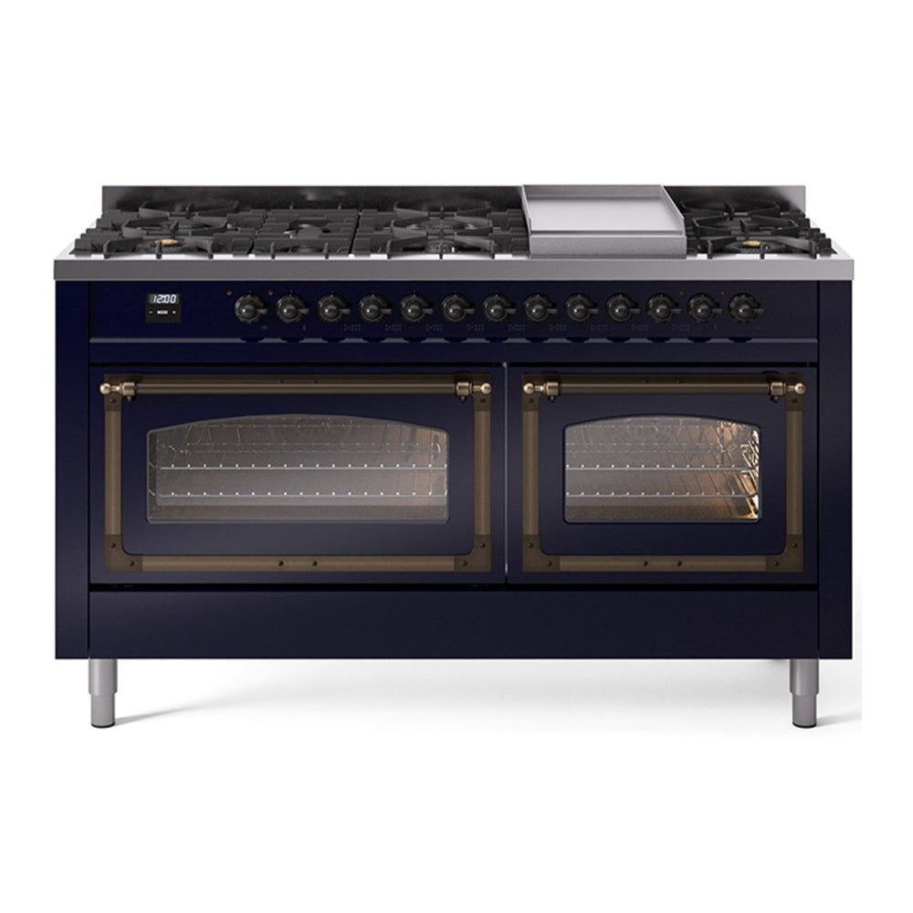 ILVE Nostalgie II Noblesse 60" Midnight Blue Dual Fuel Range with 9 Burners and Griddle Triple Glass Door Natural Gas