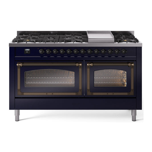 ILVE Nostalgie II Noblesse 60" Midnight Blue Dual Fuel Range with 9 Burners and Griddle Triple Glass Door Natural Gas