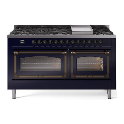 ILVE Nostalgie II Noblesse 60" Midnight Blue Dual Fuel Range with 9 Burners and Griddle Triple Glass Door Natural Gas
