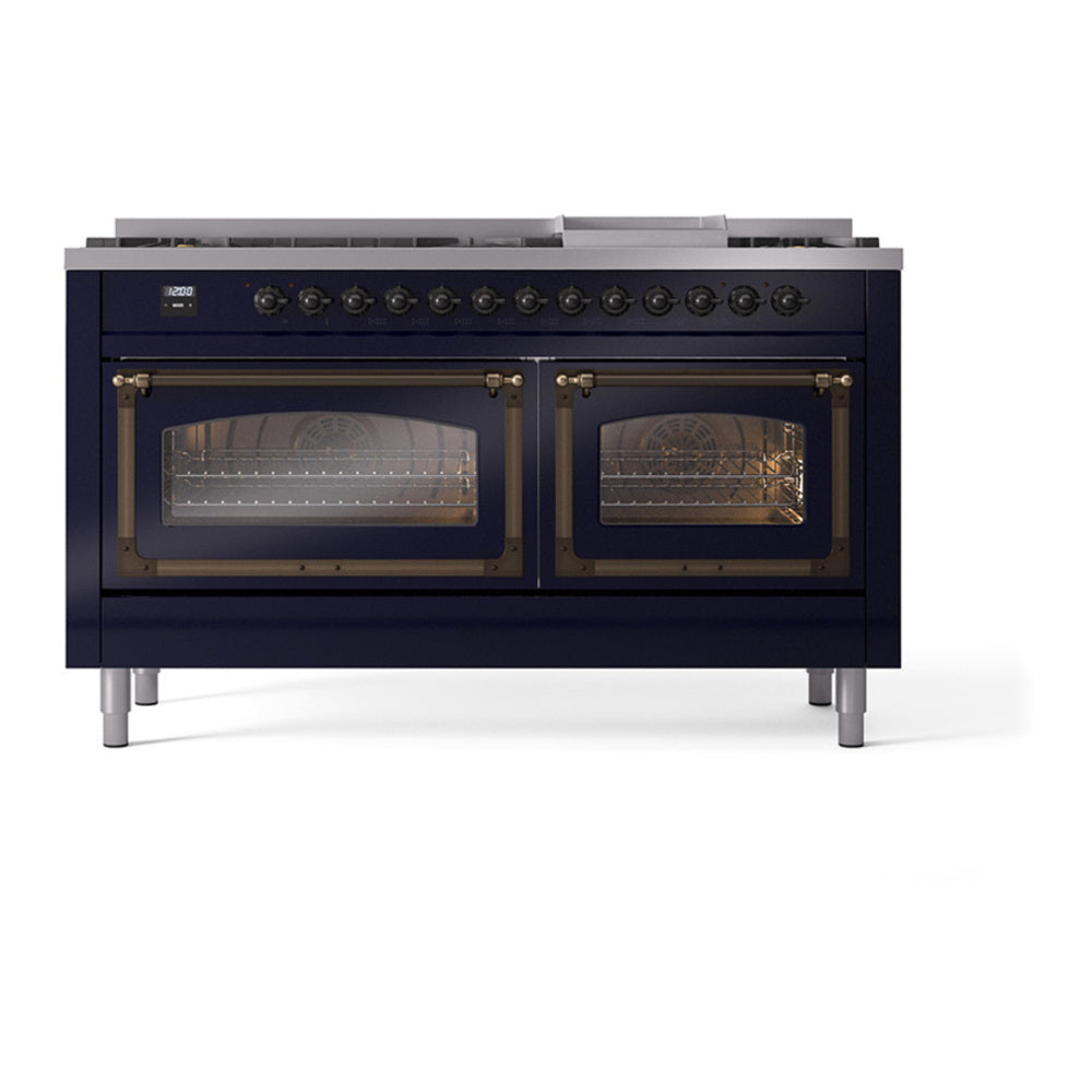 ILVE Nostalgie II Noblesse 60" Midnight Blue Dual Fuel Range with 9 Burners and Griddle Triple Glass Door Natural Gas