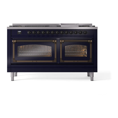 ILVE Nostalgie II Noblesse 60" Midnight Blue Dual Fuel Range with 9 Burners and Griddle Triple Glass Door Natural Gas