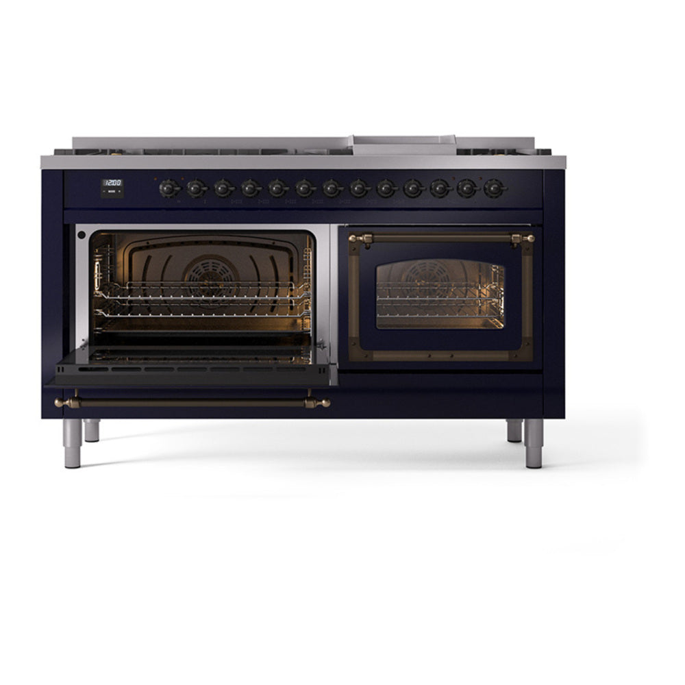 ILVE Nostalgie II Noblesse 60" Midnight Blue Dual Fuel Range with 9 Burners and Griddle Triple Glass Door Natural Gas