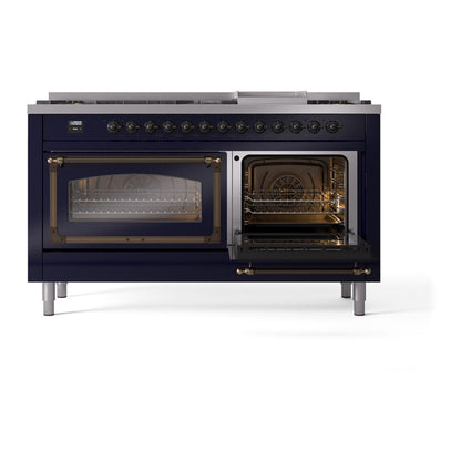 ILVE Nostalgie II Noblesse 60" Midnight Blue Dual Fuel Range with 9 Burners and Griddle Triple Glass Door Natural Gas