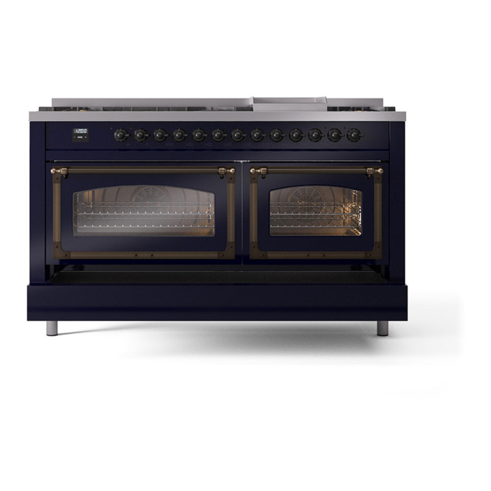 ILVE Nostalgie II Noblesse 60" Midnight Blue Dual Fuel Range with 9 Burners and Griddle Triple Glass Door Natural Gas