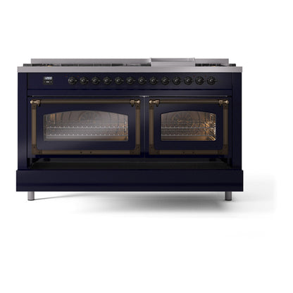 ILVE Nostalgie II Noblesse 60" Midnight Blue Dual Fuel Range with 9 Burners and Griddle Triple Glass Door Natural Gas