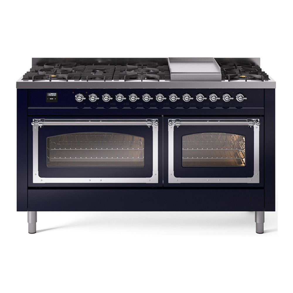 ILVE Nostalgie II Noblesse 60" Midnight Blue Dual Fuel Range with 9 Burners and Griddle Triple Glass Door Natural Gas