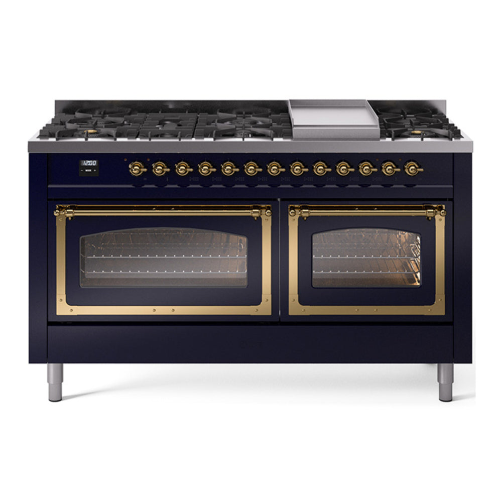 ILVE Nostalgie II Noblesse 60" Midnight Blue Dual Fuel Range with 9 Burners and Griddle Triple Glass Door Natural Gas