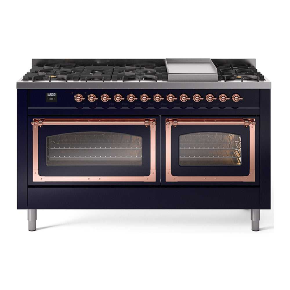 ILVE Nostalgie II Noblesse 60" Midnight Blue Dual Fuel Range with 9 Burners and Griddle Triple Glass Door Natural Gas