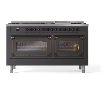 ILVE Nostalgie II Noblesse 60" Graphite Matte Dual Fuel Range with 9 Burners and Griddle Triple Glass Door Liquid Propane