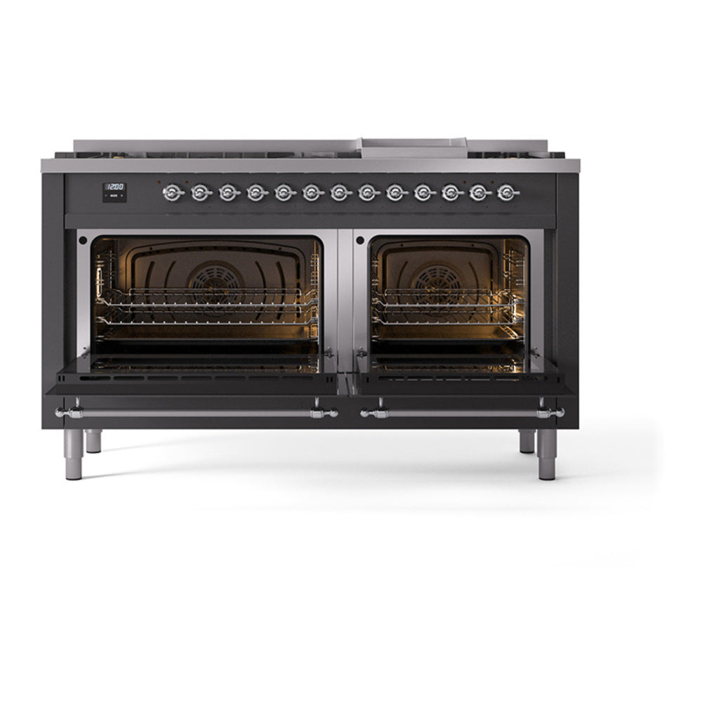 ILVE Nostalgie II Noblesse 60" Graphite Matte Dual Fuel Range with 9 Burners and Griddle Triple Glass Door Liquid Propane
