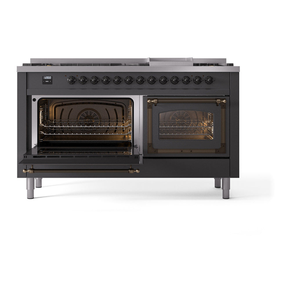 ILVE Nostalgie II Noblesse 60" Graphite Matte Dual Fuel Range with 9 Burners and Griddle Triple Glass Door Liquid Propane