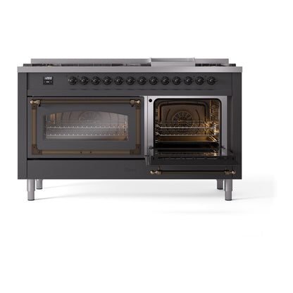 ILVE Nostalgie II Noblesse 60" Graphite Matte Dual Fuel Range with 9 Burners and Griddle Triple Glass Door Liquid Propane