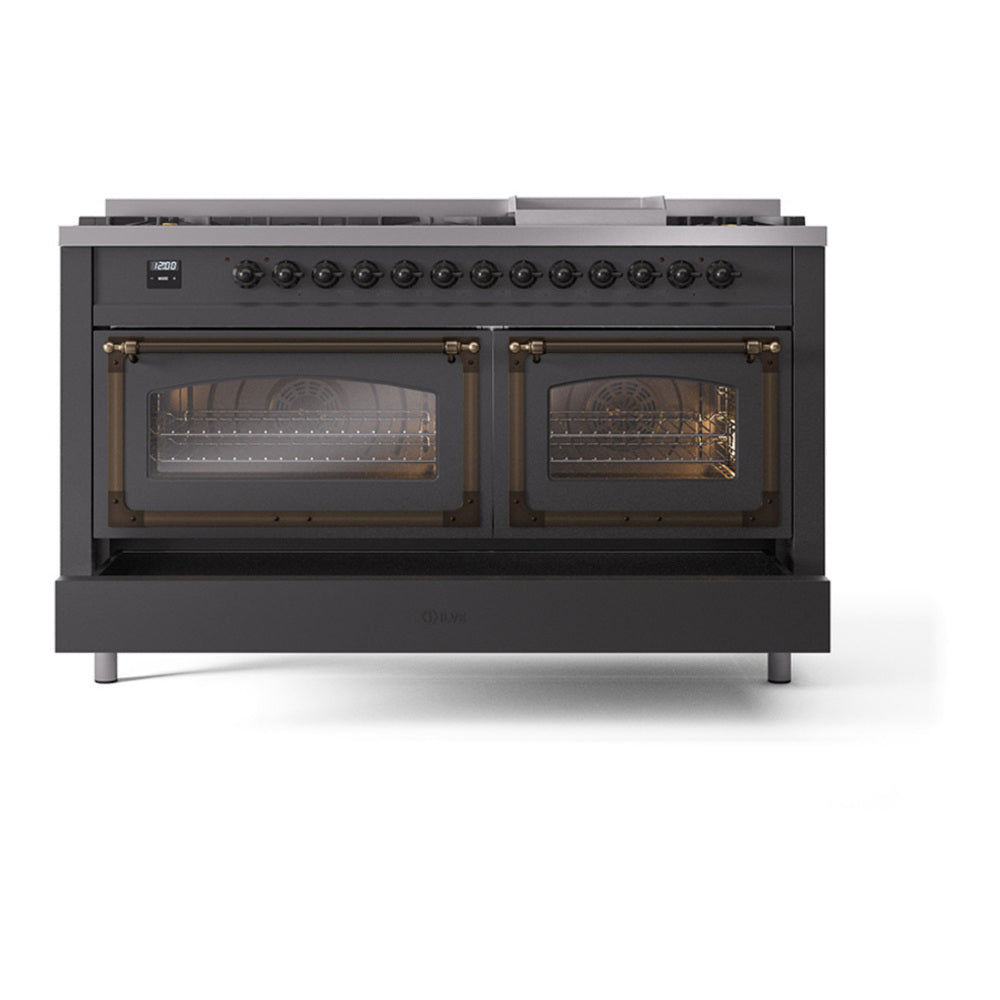 ILVE Nostalgie II Noblesse 60" Graphite Matte Dual Fuel Range with 9 Burners and Griddle Triple Glass Door Liquid Propane