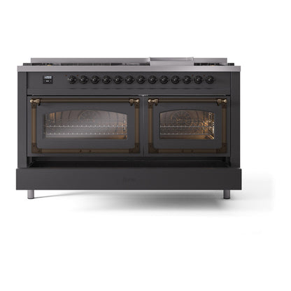 ILVE Nostalgie II Noblesse 60" Graphite Matte Dual Fuel Range with 9 Burners and Griddle Triple Glass Door Liquid Propane